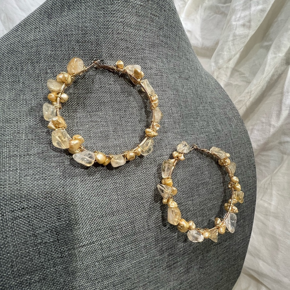Citrine And Fresh Water Pearls Wire Wrapped in Gold Three Inch Hoops crafted☑️